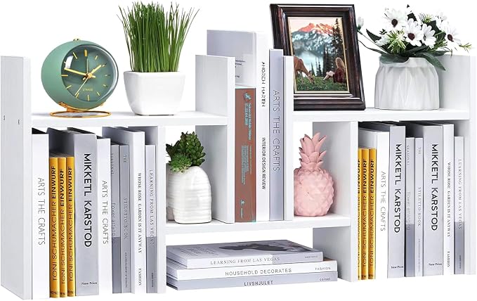 Meikuler Desktop Shelf Organizer, Adjustable Wood Display Desk Shelf, Office Storage Rack Tabletop Bookshelf Multipurpose Shelves for Home Decor, Office, Gifts (Solid White)