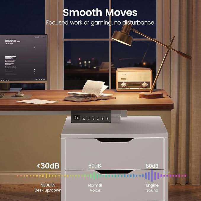 SEDETA L Shaped Electric Standing Desk with 6 Drawers, 66.9" x 57.1" Height Adjustable Stand Up Desk with Power Outlets, 3 Memory Heights, Sit Stand Computer Desk for Home Office, White + Brown