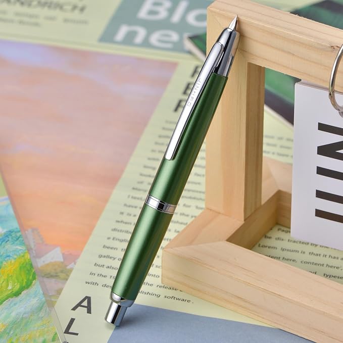 Jinhao 10 Press Fountain Pen with Box, Sea Pine Green Retractable Fine Nib with Converter Set (Silver Clip)