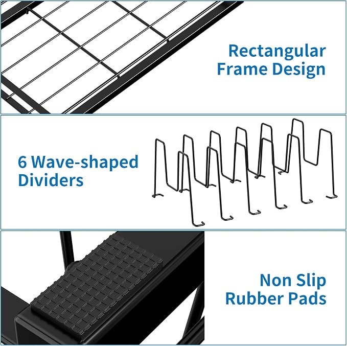 Food Container Lid Organizer Rack with Adjustable 6 Dividers, Black | Full-Metal Pot and Pan Organizer Holder for Home Kitchen Cabinets, Drawers, Countertop, Cupboards, Pantry Shelves Storage
