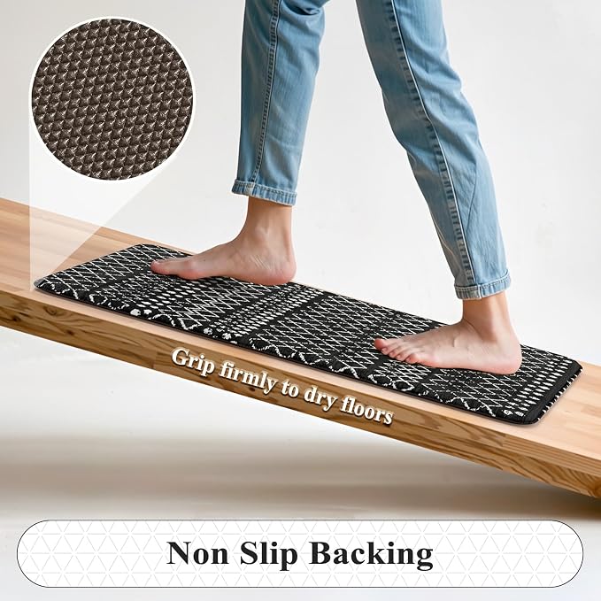 KIMODE Anti Fatigue Mats for Kitchen Floor 17"x47"+17"x29", Black Boho Distressed Kitchen Rugs Sets of 2, Cushioned Kitchen Floor Mats, Non Slip Standing Mats for Sink Laundry Room Decor Office Desk