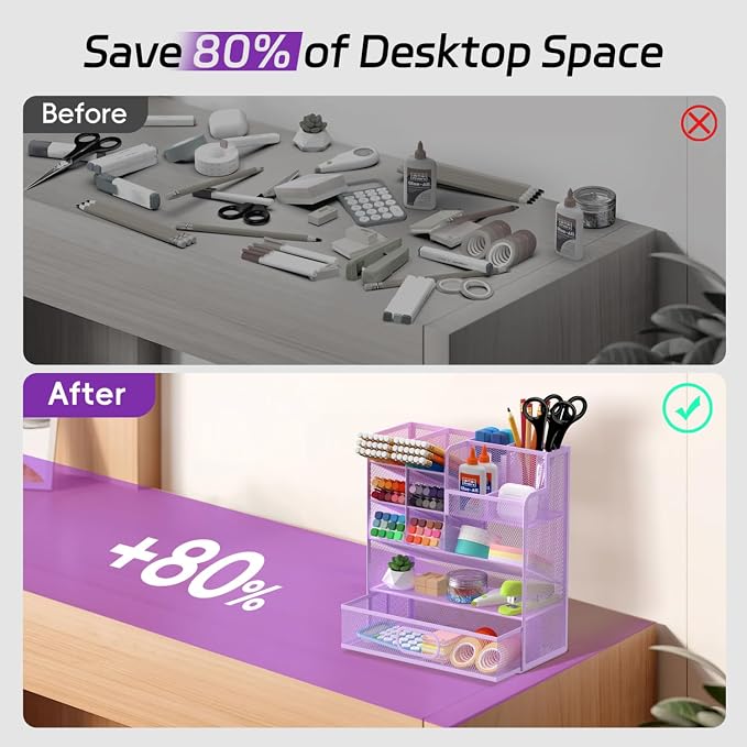 Mesh Pen Organizer for Desk, 13 Compartments with Drawer， Purple | Metal mesh pencil holder and desk organizer with tilted slots for easy access to stationery at home, school or office