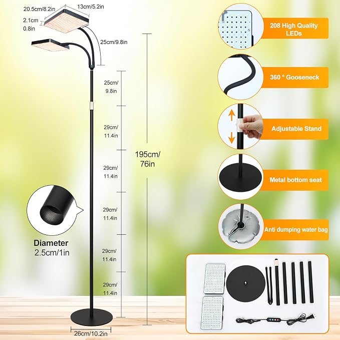 FECiDA 2026 2Head Floor Grow Light, Standing Grow Light with Stable Round Base for Tall and Big Houseplant, Bonsai Tree, Monstera, 4/8/12/16/20 Hr Timer, 50 Watt Power Draw, 40"-76" Height Adjustable