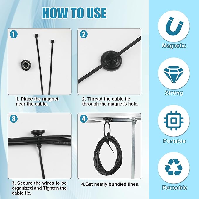 HOMAR magnetic zip tie mount Magnetic Zip Ties Mount Base Holder with 100 Pcs Cable Zip Ties, Strong Magnet Wire Holder, Cable Management Clips for Electrical Wiring Home Office Outdoors Organization