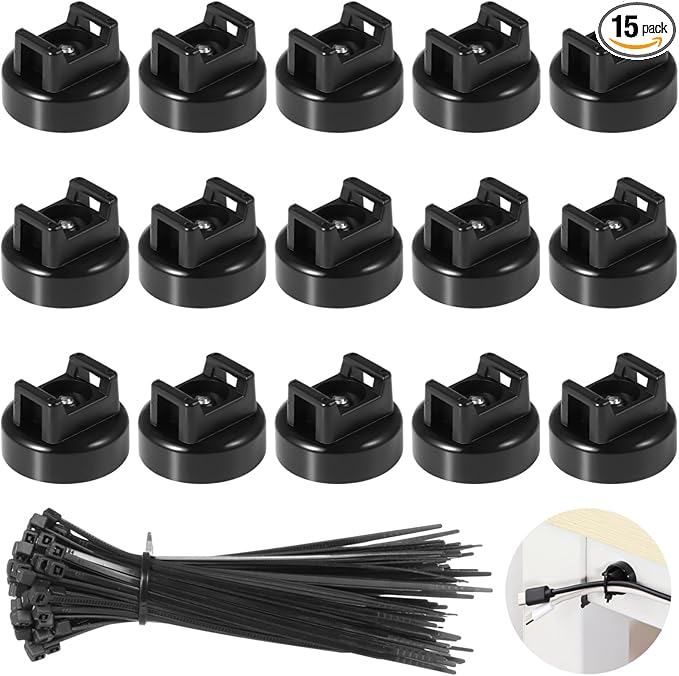 Magnetic Zip Tie Mounts 20mm, 15 Pack Cable Tie Mount Bases with 50 Zip Ties, Heavy Duty Cable Clips for Wire Management, Magnet Cord Holder Organizer for Desk, PC, Home Office