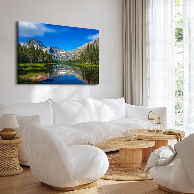 Green Forest Canvas Wall Art Colorado Mountain Lake Wall Decor for Living Room Decorations 32x48", Glacier National Park Nature Landscape Pictures Yosemite Pine Trees Scenery Framed Poster Artwork