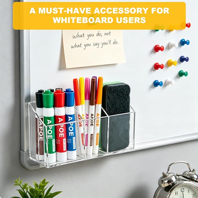Magnetic Dry Erase Marker Holder for Whiteboard: Clear Pen Holder Organizer | Acrylic Pencil Cup with Strong Magnets for School Locker Organization Fridge Refrigerator Classroom Storage Caddy Desk