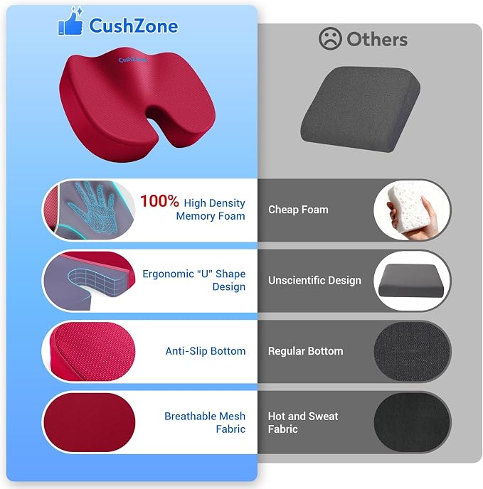 CushZone Seat Cushion, Office Chair Cushions, Car Seat Cushion, Non-Slip Sciatica & Back Coccyx Tailbone Pain Relief Chair Pad, Memory Foam (Red)