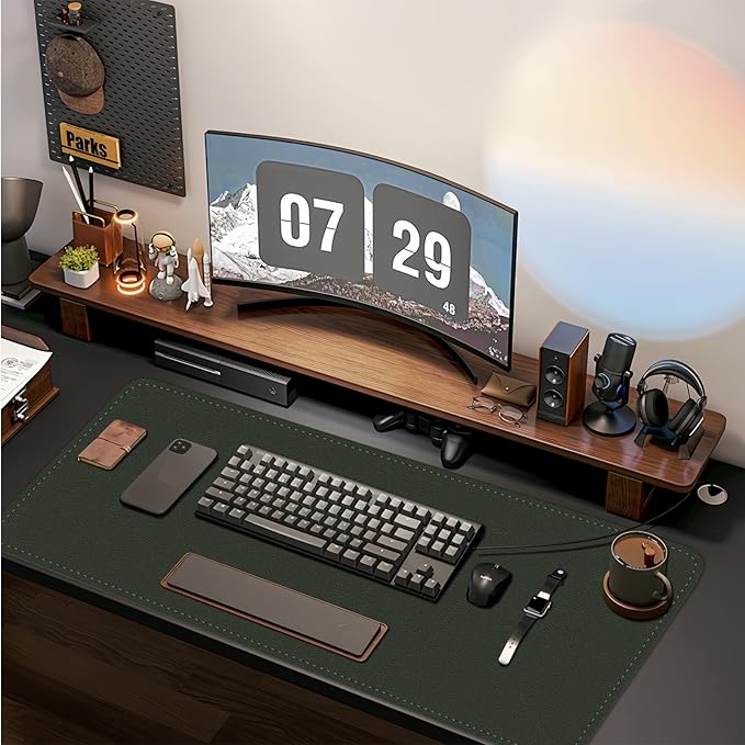 Double-Sided Office Desk Mat, Large Mouse Pad, Waterproof PU Leather Protective Pad, Laptop Desk Pad, Dual Use Cover Protector for Office/Home Keyboard (Dark Green+Black, 31.5''×15.8'')