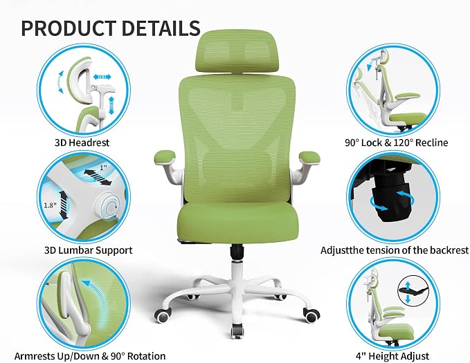 Ergonomic Office Chair: Mesh Desk Chair Comfy with Headrest& Lumbar Support | Ergalithic Big and Tall Office Chairs with Wheels & Flip-Up Arms-Computer Gaming Chairs for Adults Home Office Chairs(Green)