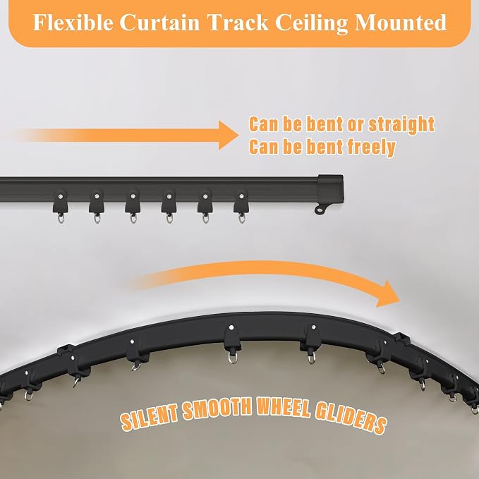 MaKefeile Room Divider Curtains with Flexible Ceiling Curtain Tracks Set,100% Blackout Floor to Ceiling Curtains Patio Sliding Door Curtains (Dark Grey Drape & Black Rail W 10 × H 9 FT)