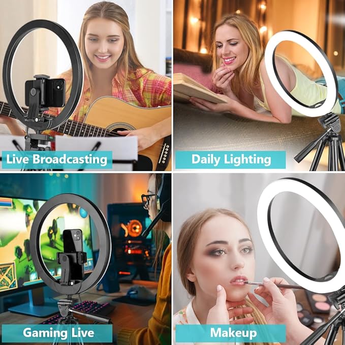 Sensyne 12'' Ring Light with 50'' Extendable Tripod Stand, LED Circle Lights with Phone Holder for Live Stream/Makeup/YouTube Video/TikTok, Compatible with All Phones (Pack of 2)