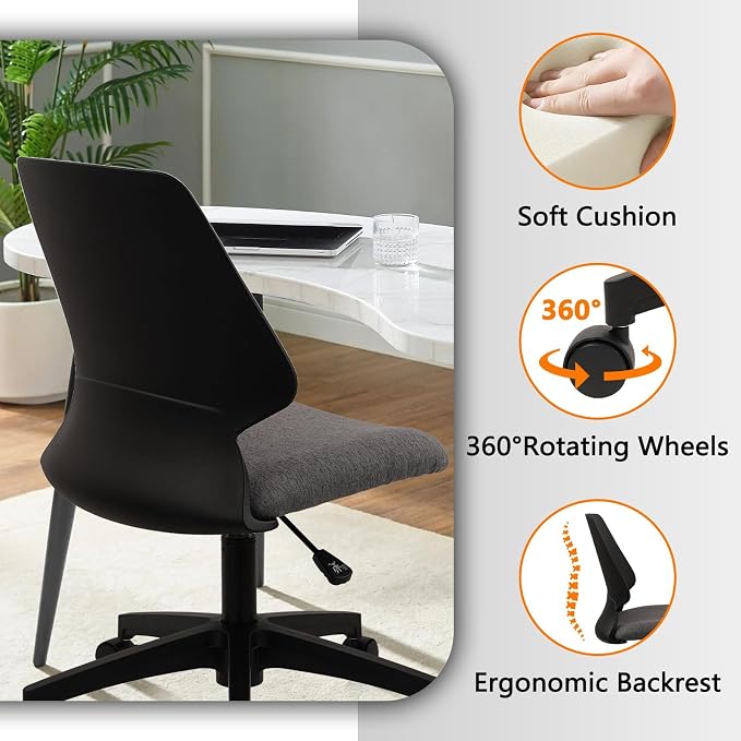 CLATINA Armless Adjustable Height Desk Chair with Wheels, Upholstered Swivel Computer Task Chair, Comfy Small Office Reading Chair for Home & Meeting Room, Black, 2 Pack