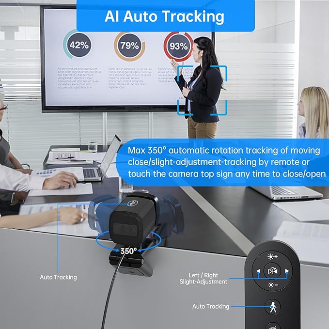 Auto Tracking Webcam: Full 1080P HD Computer Camera with Built-in 2 Microphones, Remote Control, Privacy Shutter, WDR, 73° View, External USB Web Cam, for Desktop PC Laptop