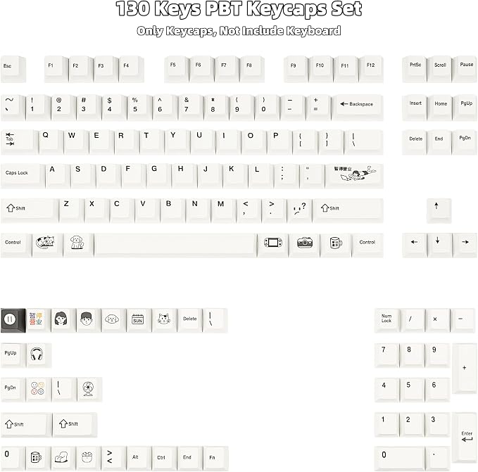 PBT Keycaps 130 Keys, White Cute Keycaps, Cherry Profile Dye-Sublimation Custom Keycap Set for 60% 65% 75% 80% 100% Mechanical Keyboard