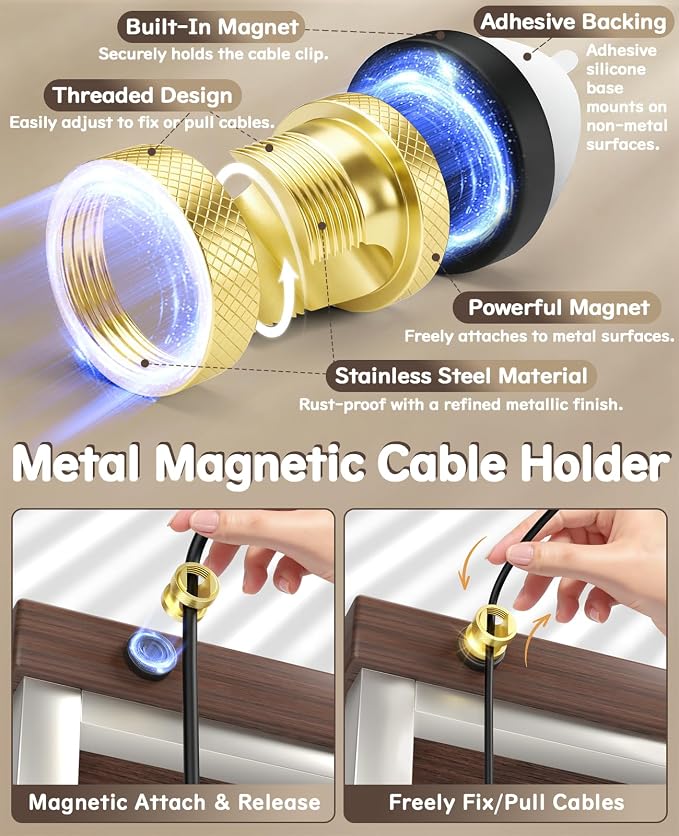Maveek 6 Pack Magnetic Cable Clips, Knurled Metal Desk Cord Organizer, Gold | Stronger Hold Magnet Secure USB Charging Wires For Home Nightstand Office Desk Auto Dash Cam, Self-Adhesive & Magnetic Mount