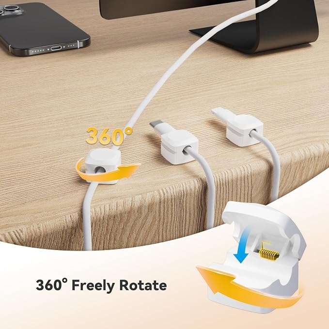 Daisyhome Rotatable Cord Organizer, Strong Adhesive Spring Cable Clips | Enhanced Cable Organizer Cord Clips, Desk Cord Holder for Nightstand, Office Accessories and Car (4*White+4*Black)