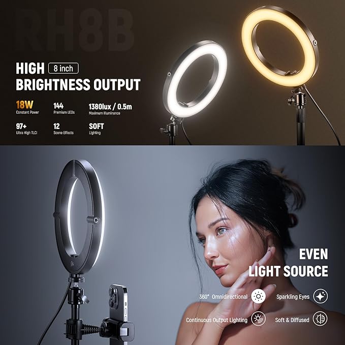 NEEWER 18W 8" Desk Ring Light with Stand, Circle Selfie Light for iPhone Streaming Makeup Video Recording, Video Conference Lighting Kit with Phone Holder for Laptop Computer Zoom Call Podcast, RH8B