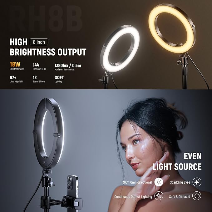 NEEWER 8" 18W High Power Desk Ring Light with Stand & Phone Holder, Circle Selfie Ringlight for iPhone Streaming Vlogging Recording, Video Conference Lighting Kit for Laptop Computer Zoom Call, RH8B