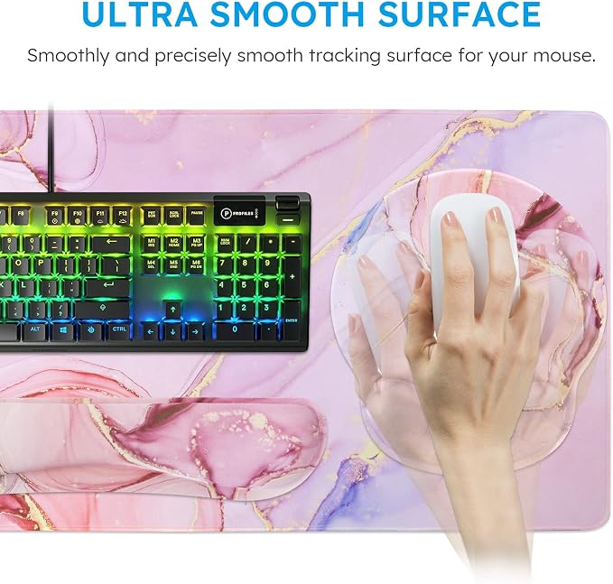iCasso Desk Mat, Gaming Mouse Pad Wrist Support Set,4in1 XXL Large Mousepad + Keyboard Wrist Rest+Mouse Wrist Rest+Coaster Set with Ergonomic Design for Home Office Table Computer-Glitter Marble
