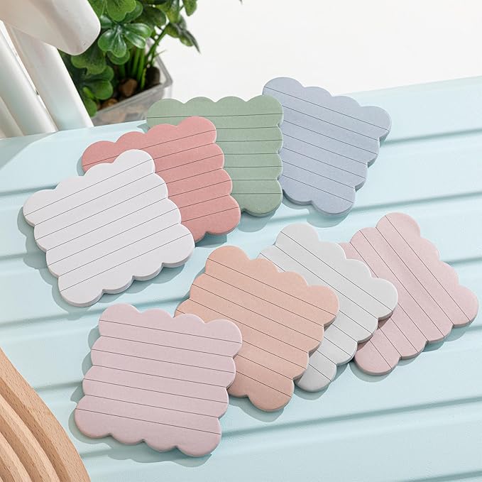 Eaasty 8 Pack Scalloped Aesthetic Sticky Notes Bulk Vintage Colors Cute Wavy Self Sticky Note Pads 3" x 3" Lined Note Pads for Back to School Office Supplies 240 Sheets