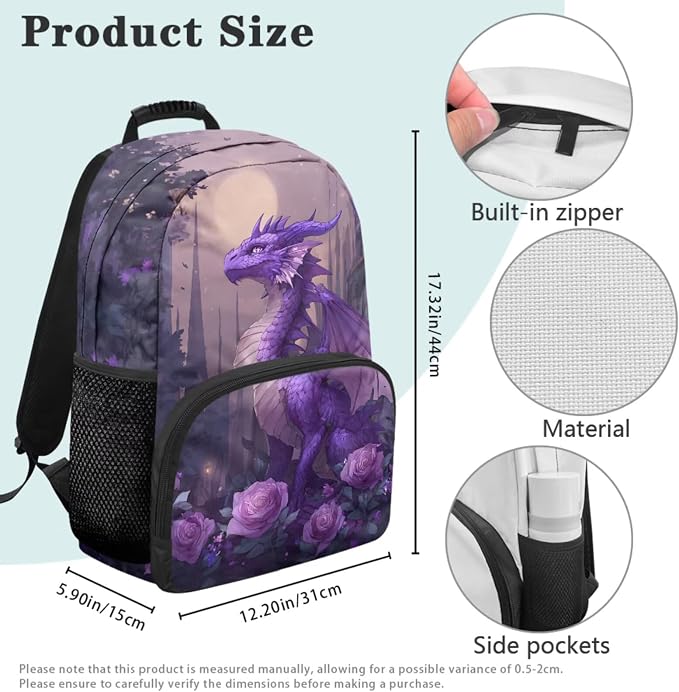 Purple Dragon Backpack for Girls Cute with Lunch Box, 17 Inch Large Capacity Bookbag 4PCS Set, Rose Castle Elementary School Bags for Kids Ages 6-10 Back to School