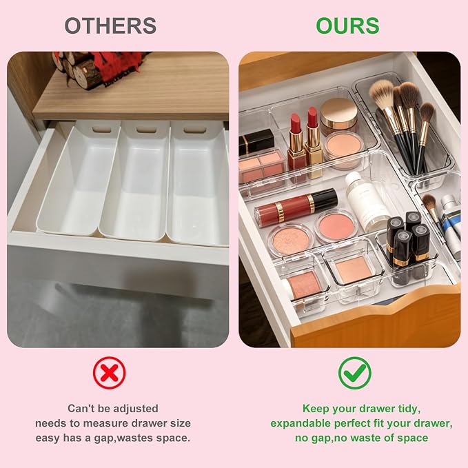 15 Pcs Adjustable Clear Drawer Organizer, 2 Size Plastic Extendable Desk Drawer Organizer Trays,Expandable Storage Bins for Bathroom Vanity Kitchen Organization and Storage,Makeup, Jewelry, Gadgets