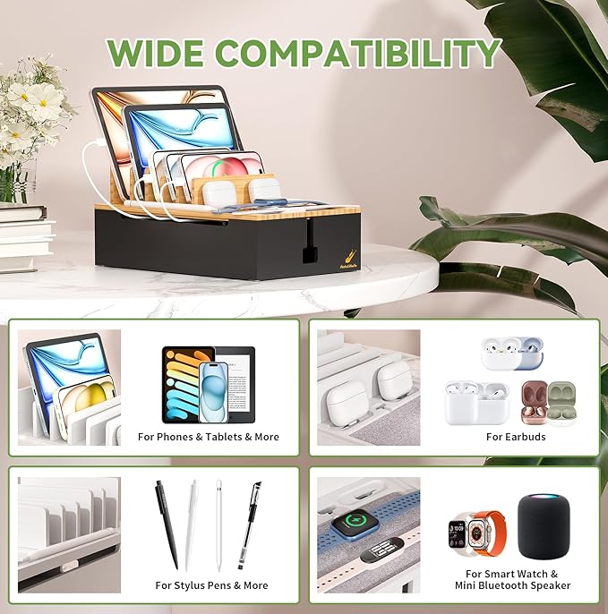 Pezin & Hulin Charging Station, Natural+Black (No USB Charger and Cables) | Electronic Devices Organizer for Multiple Devices Charger Such As Cell Phone, Tablet, Watch and More - Bamboo