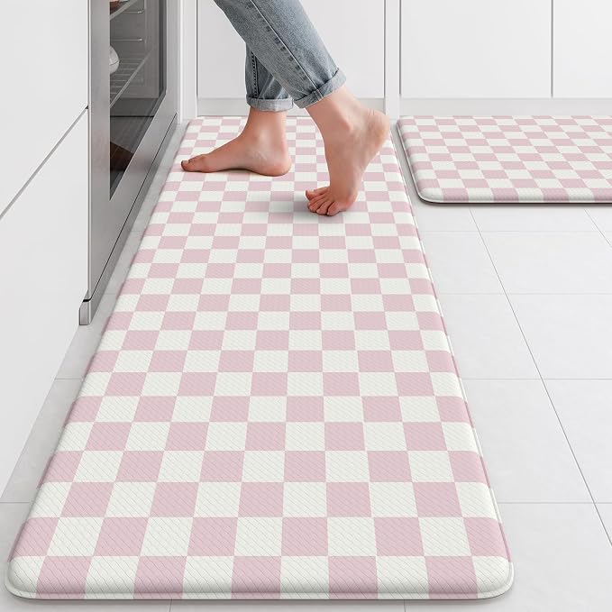 KIMODE Kitchen Anti Fatigue Mats, Light Pink Checkered Home Decor Carpet | Geometric Kitchen Rugs Sets of 2,Padded Kitchen Mats for Floor,Cushioned Rugs for Kithcen Floor Sink Laundry 17"x47"+17"x29"