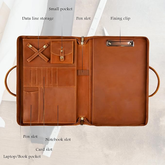 Genuine Leather Portfolio, Padfolio Organizer with Handle, Personalized Padfolio，Padfolio with Zipper for Men Women，Suitable for 15-inch Laptop Legal Pad Padfolio, Brown