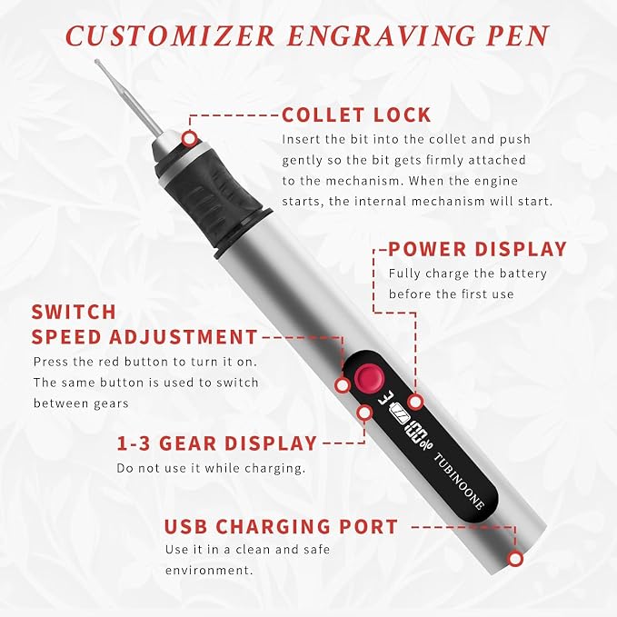 TUBINOONE Engraving Pen, Ultimate Cordless Portable Tool for Artists & DIYers - Engrave 50+ Surfaces - Beginner Friendly - Rechargeable - Free 30 Bits & Mastery Guide & Stencils (Silver)