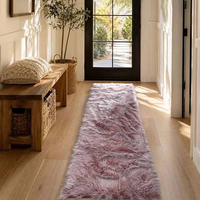 EasyJoy Faux Sheepskin Rug, Fluffy Faux Fur Rug, Ultra Soft Shag Area Rug with Non-Slip Backing for Bedroom, Living Room, Nursery, Kids Room(2x6 ft Rectangle, Frosted Bottom Pink)