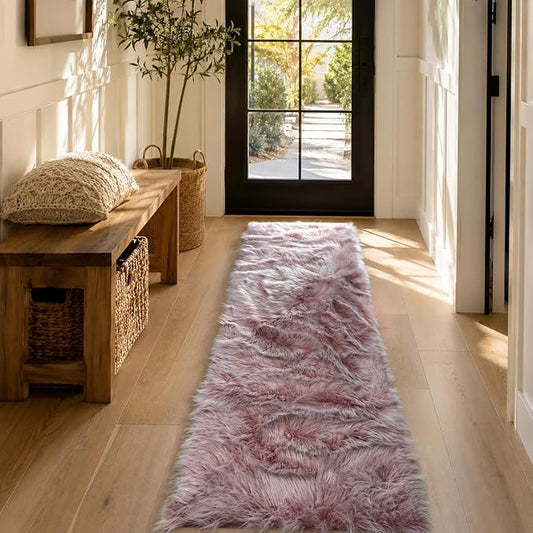 EasyJoy Faux Sheepskin Rug, Fluffy Faux Fur Rug, Ultra Soft Shag Area Rug with Non-Slip Backing for Bedroom, Living Room, Nursery, Kids Room(2x6 ft Rectangle, Frosted Bottom Pink)