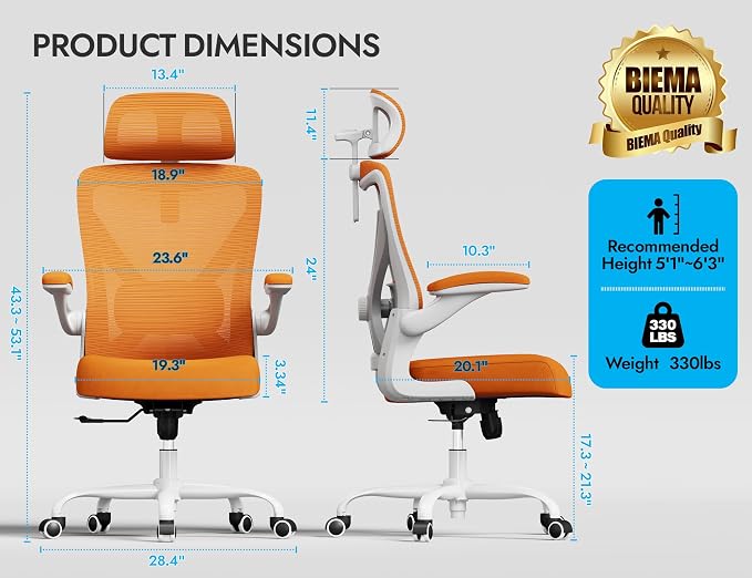Ergonomic Office Chair: Mesh Desk Chair Comfy with Headrest& Lumbar Support | Ergalithic Big and Tall Office Chairs with Wheels & Flip-Up Arms-Computer Gaming Chairs for Adults Home Office(Orange)