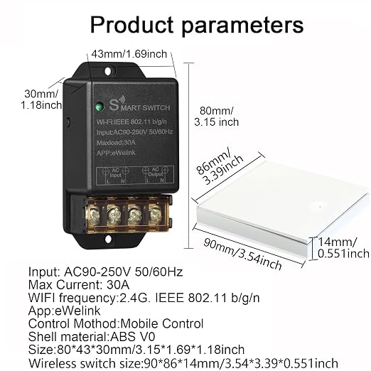 30A Smart WiFi Relay Switch, Wireless Intelligent Remote Control for Lights, Home Appliances, Lamps, Water Pumps, Works with eWeLink, APP & Voice Control, 2.4G Remote Compatible