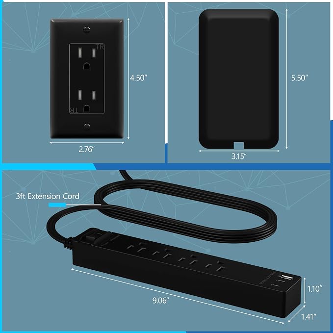 LIDER Surge Protected Outlet Extender, 4-Outlet Power Strip, 21W USB-A & 2 USB-C, Ultra-Thin Wall Plate Plug with Cord Extender, Flat-Face, 5ft Cord, 1500J, 1625W, ETL Listed, Matte Black