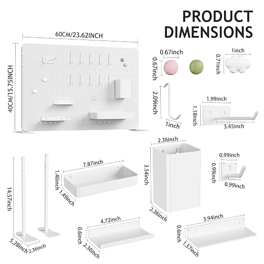 White Metal Pegboard Desk Organizer, 23.62 x 15.75 in with Hooks | Standing or wall-mounted metal panel with hooks, shelves, cup and holders for office, bedroom, craft room and desk storage