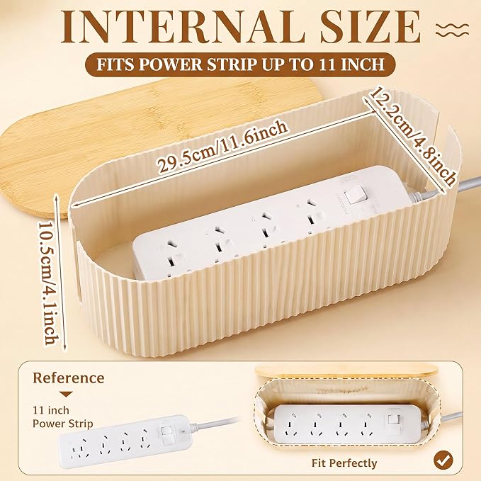 2 Pcs Cable Management Box, Fits Most Power Sockets, 11.8x5.1x4.3 in | Hides Cords & Power Sockets, Bamboo Lid, Beige & Black Options, Includes 48 Accessories, Home Office Desk or Floor Use