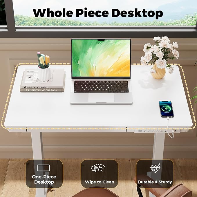 32" Electric Standing Desk with Drawer, Rolling Laptop Desk | Height Adjustable Quick Install One-Piece Tabletop with USB Charging Ports, Sit Stand Computer Desk for Small Space, White