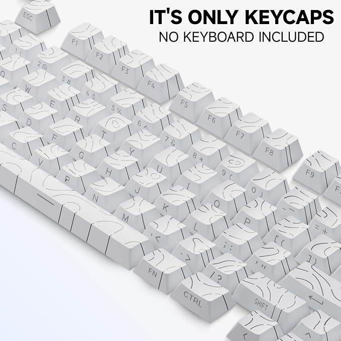 White Topographic PBT Keycaps,97 Key Caps Set Side Printed,No Tear & Fade Shine Through RGB Backlit Cherry Profile Keycaps (Ergonomic,Doubleshot) for 61/64/66/68/71/75/84/87 MX Mechanical Keyboards
