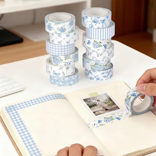 12 Rolls Watercolor Floral Washi Tape Set 15 mm Vintage Flower Decorative Masking Tape for Summer School Arts DIY Craft Scrapbook Journal Supplies Gifts(Blue,Rose)