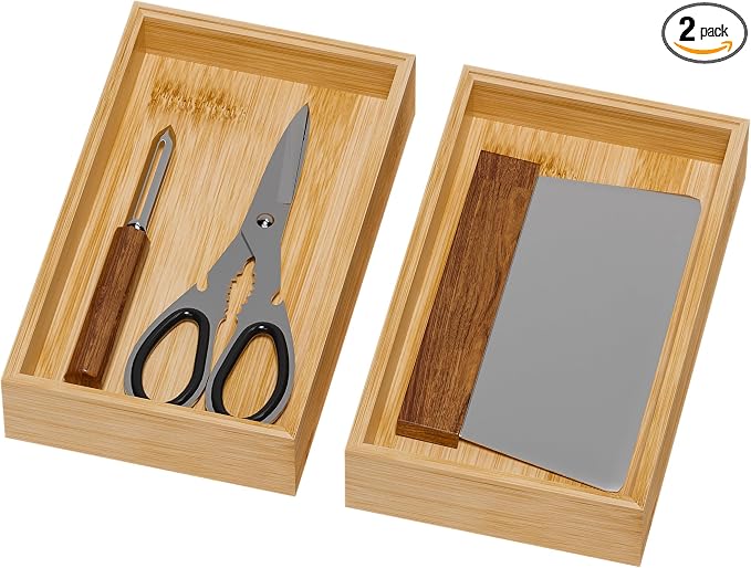 Lixple Bamboo Drawer Organizer for Kitchen Utensils, 2 Pack Stackable Bamboo Kitchen Drawer Organizers, Silverware & Utensil Drawer Trays, 10" x 6" x 2" (Outer), 9.3" x 5.3" x 1.3" (Inner)