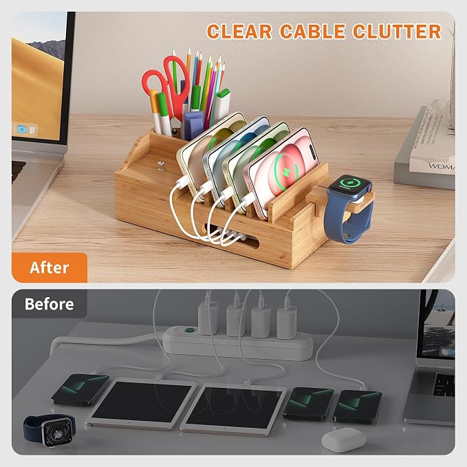 Bamboo Charging Station for Multiple Devices with USB Charger, 5 Cables | Pezin & Hulin Wood Desktop Dock Stations with Smart Watch Holder, Electronic Organizer for Cell Phone, Tablet, Watch