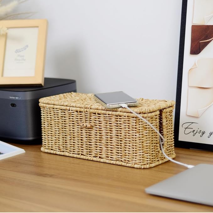 BROWNLILY Cable Management Box, Rattan Style Cord Organizer for Desk Cord Hider Outlet Covers for Power Strip TV PC Router Charger Under Desk Storage with Lockable Lid and Cable Ties