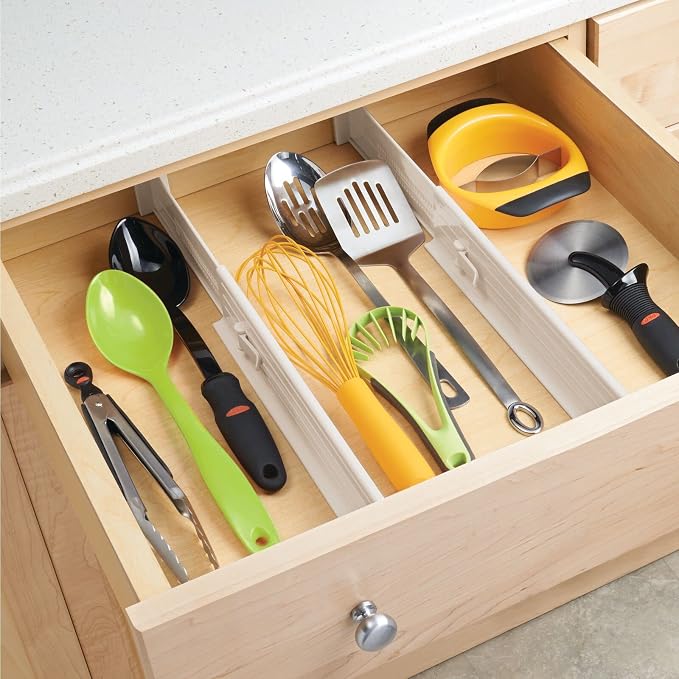 mDesign Set of 4 Drawer Dividers – Expandable Drawer Organiser Set with Protective Foam Ends – Useful Kitchen Accessories – Cream