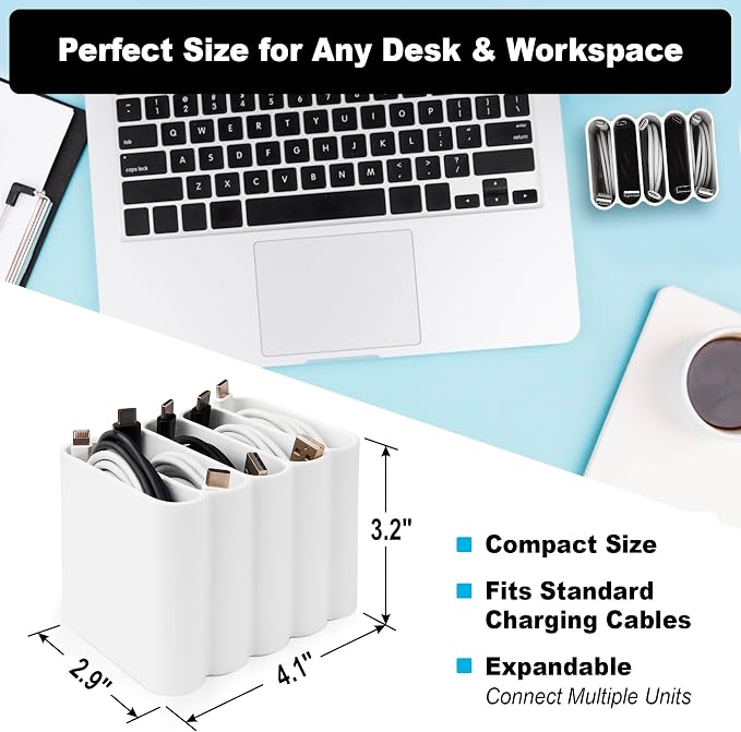 Cable Management Organizer Cord Management, Multiple Slots for Home, Office, Desk, Workshop, Durable Plastic Connectable Cable Organizer, Tangle-Free, Expandable Storage, White