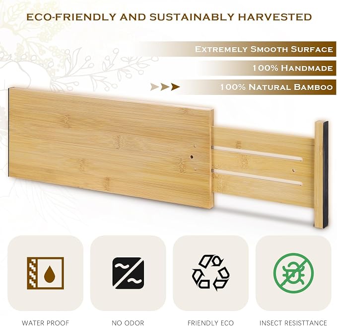 DoubleFill 8 Pcs Deep Bamboo Drawer Dividers, Deep Kitchen Dresser Drawer Organizer with Spring Loaded for Clothes, Adjustable Expandable from 15-22 Inch (Wood Color,6 Inch)