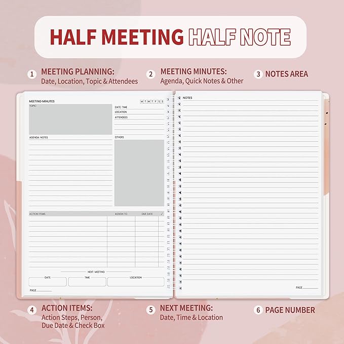 SUNEE Half Meeting Half Note - 8.5"x11" Professional Notebooks for Work - 160 Pages, A4 Size Project Planner, Spiral Meeting Agenda/Minutes Organizer for Women Men, Note Taking, Office & Business