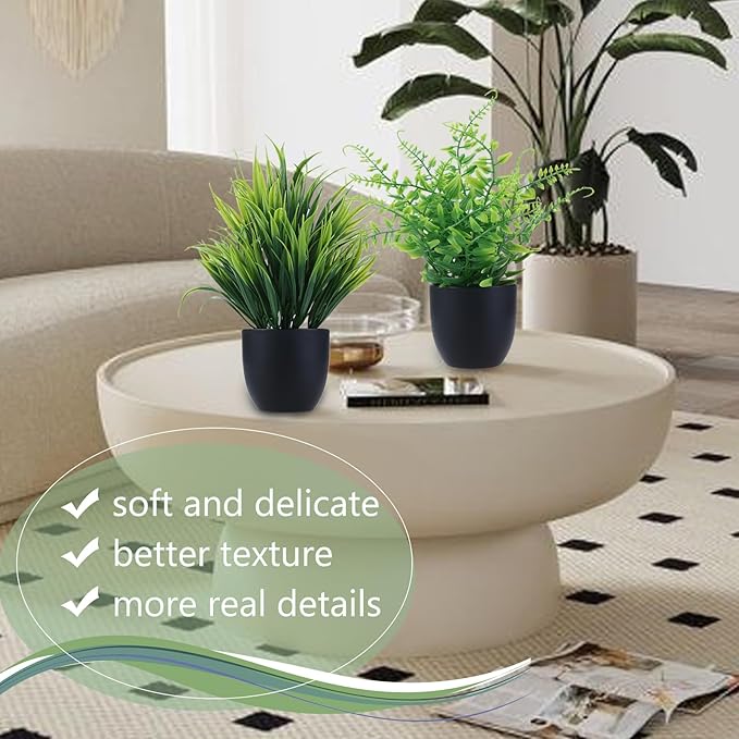 GREENTIME 2 Pack Fake Plants in Black Pot Small Artificial Plant Wheat Grass for Home Decor Faux Fern Greenery Indoor Bathroom Shelf Home Office Desk Bedroom Cabinet Kitchen Table Decorations