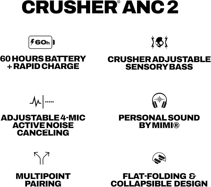 Skullcandy Crusher ANC 2 Wireless Over-Ear Bluetooth Headphones with Multi-Sensory Bass, Active Noise Cancelling, Up to 60 Hours Battery, Microphone for iPhone Android - Bone